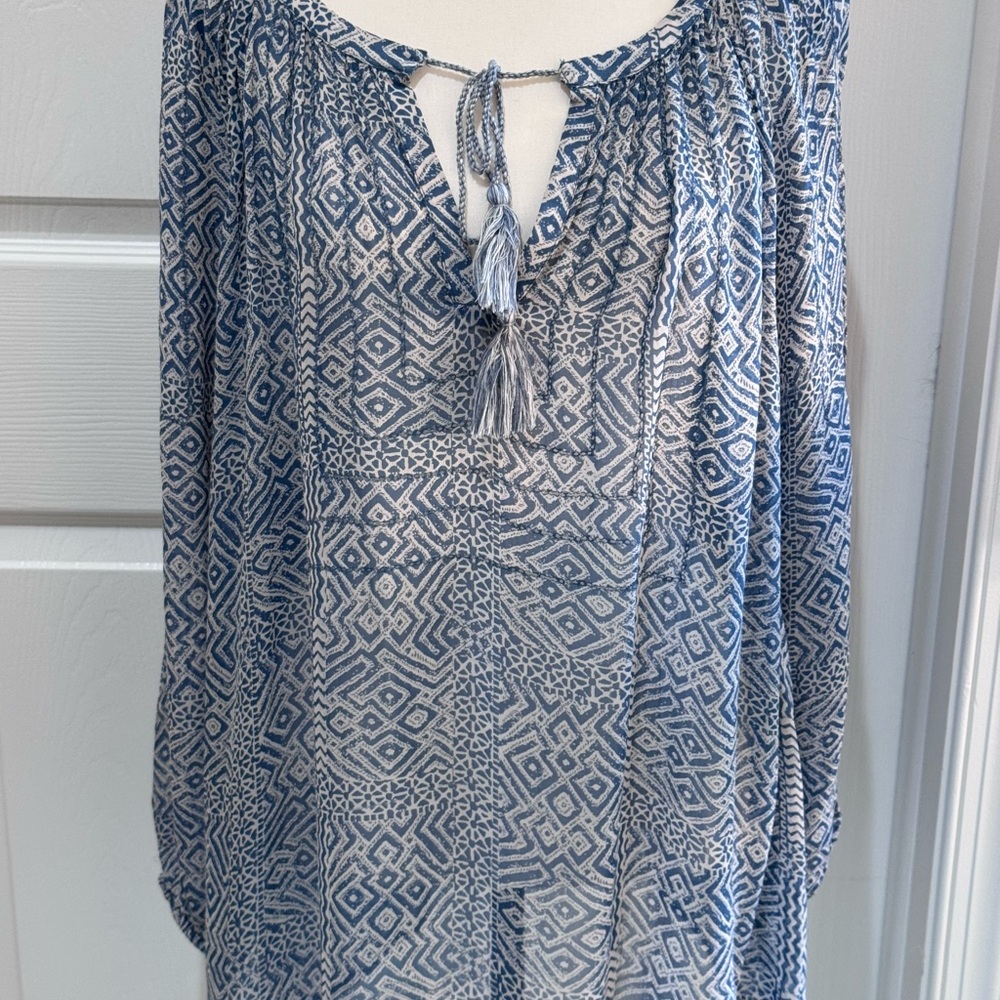 Lucky Brand Blue and White Geometric Pattern Boho Style Oversized Top Size 2X
